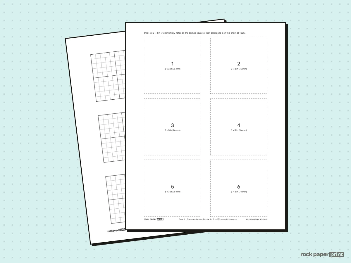 Graph Paper Sticky Note Template, black lines, printable PDF preview