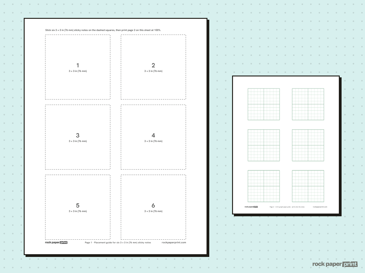 Graph Paper Sticky Note Template, green lines, printable PDF preview