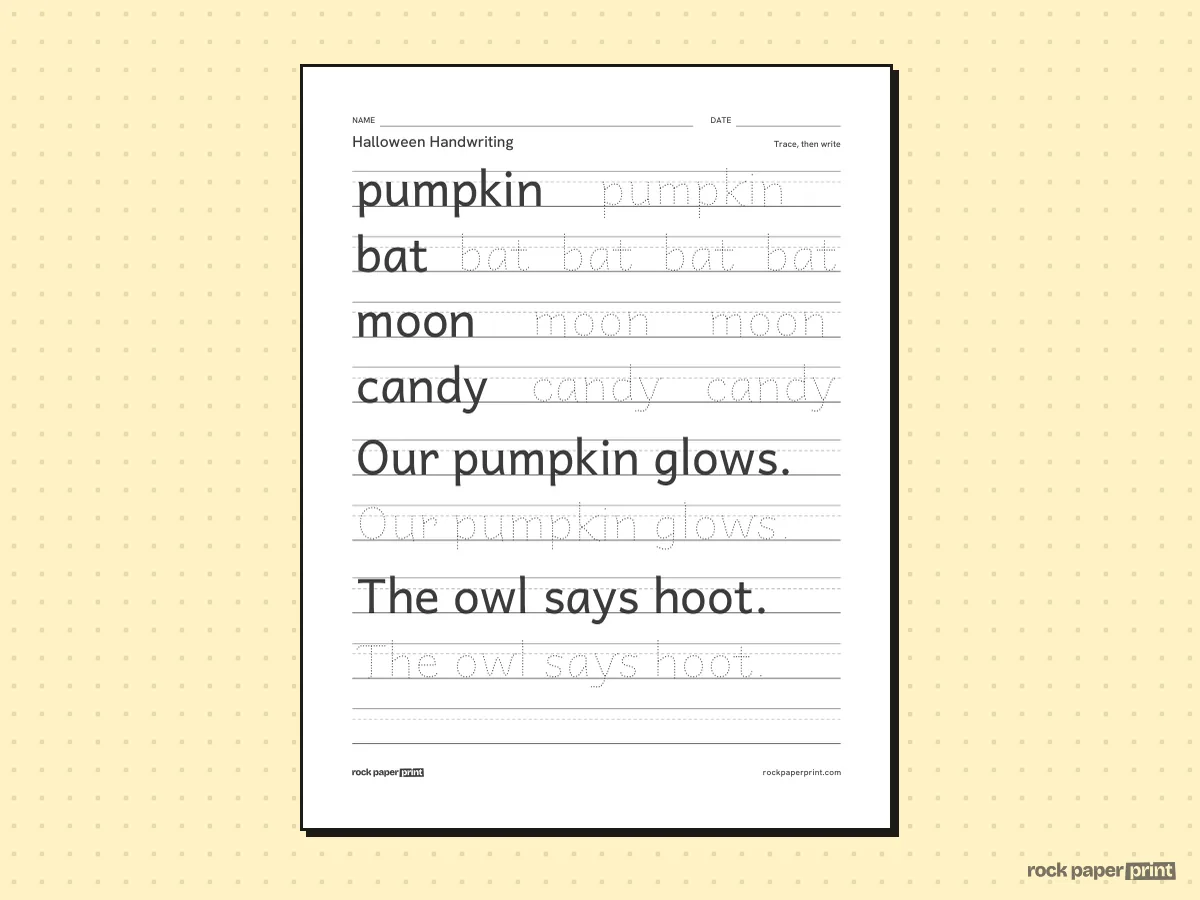 Halloween Handwriting Worksheets, black lines, printable PDF preview
