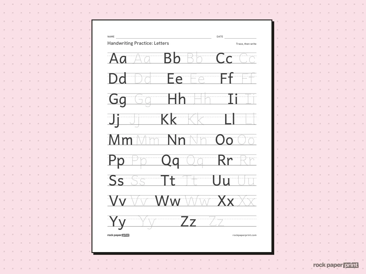 Handwriting Practice Sheets, black lines, printable PDF preview