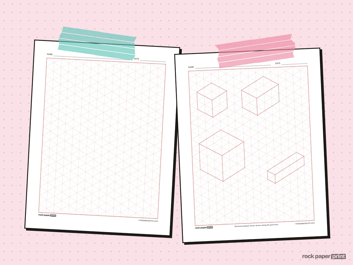 3D Isometric Drawing Paper, red lines, printable PDF preview