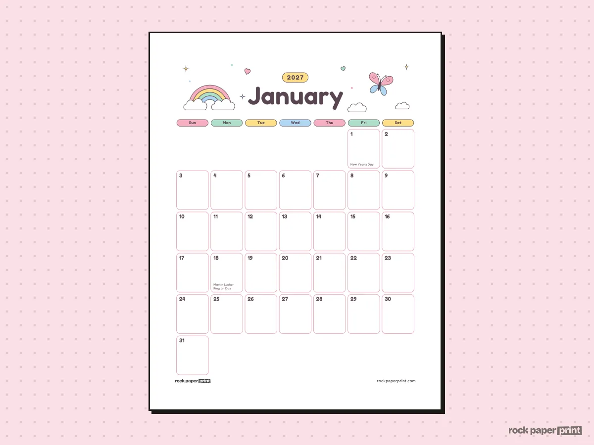 January 2027 Calendar, Cute, printable PDF preview