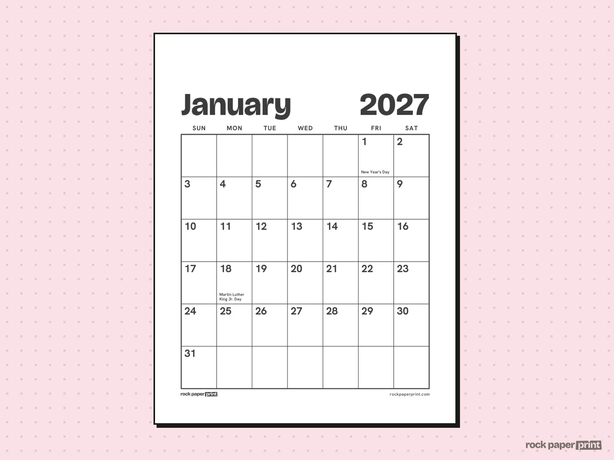 January 2027 Calendar, Large print, printable PDF preview