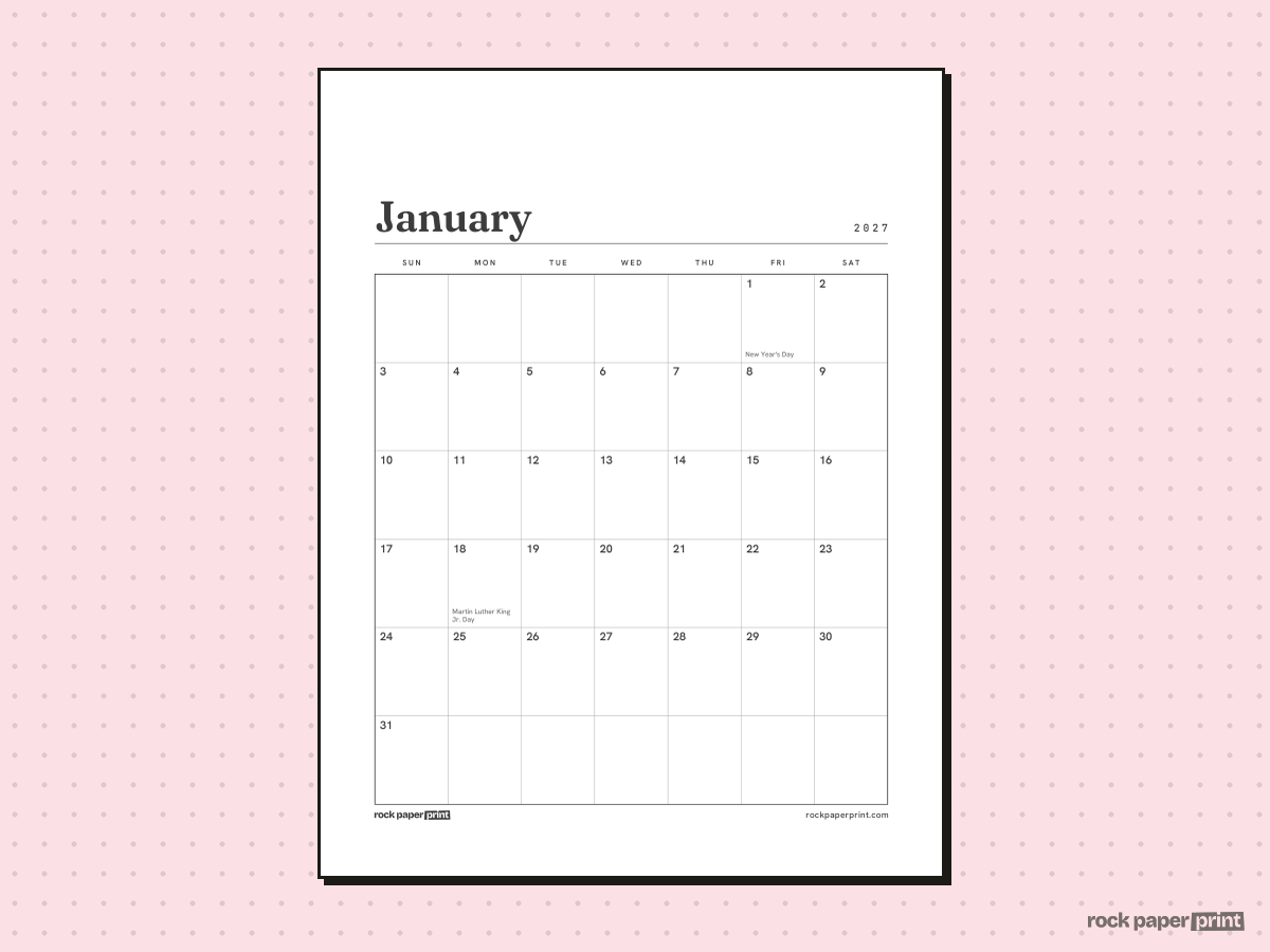 January 2027 Calendar, Plain, printable PDF preview