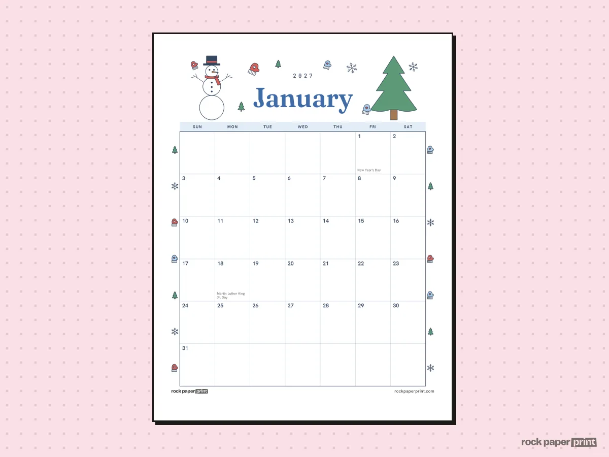 January 2027 Calendar, Winter, printable PDF preview