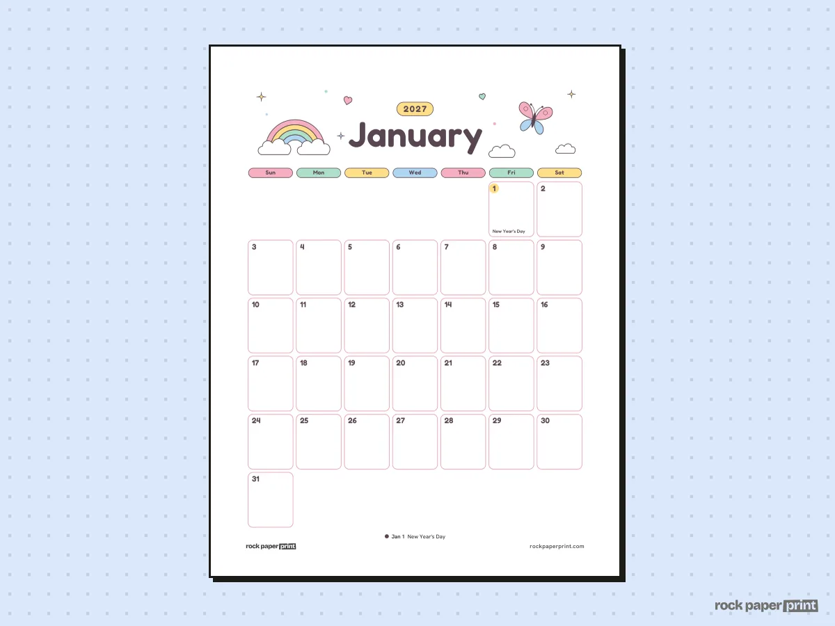 January 2027 Calendar with Canadian Holidays, Cute, printable PDF preview