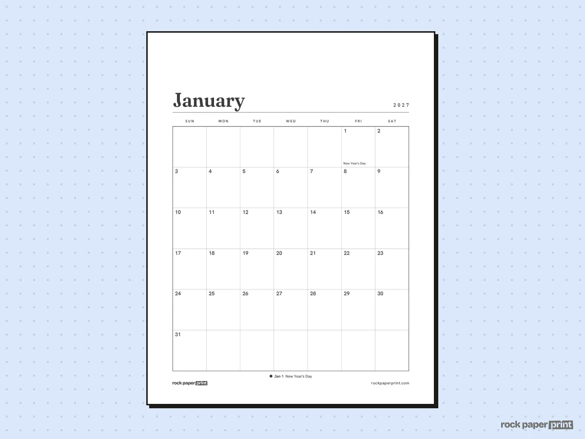January 2027 Calendar with Canadian Holidays, Plain, printable PDF preview