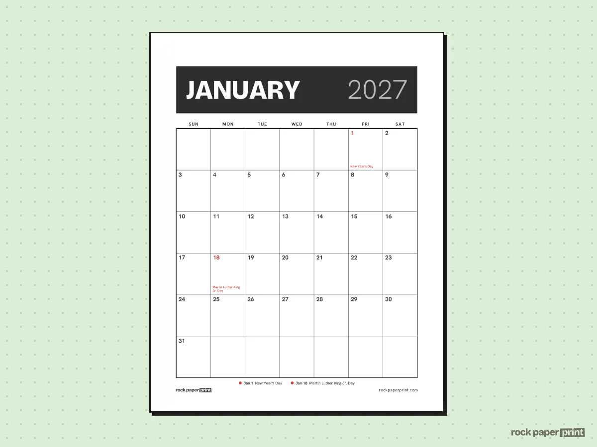 January 2027 Calendar with Holidays, Bold header, printable PDF preview