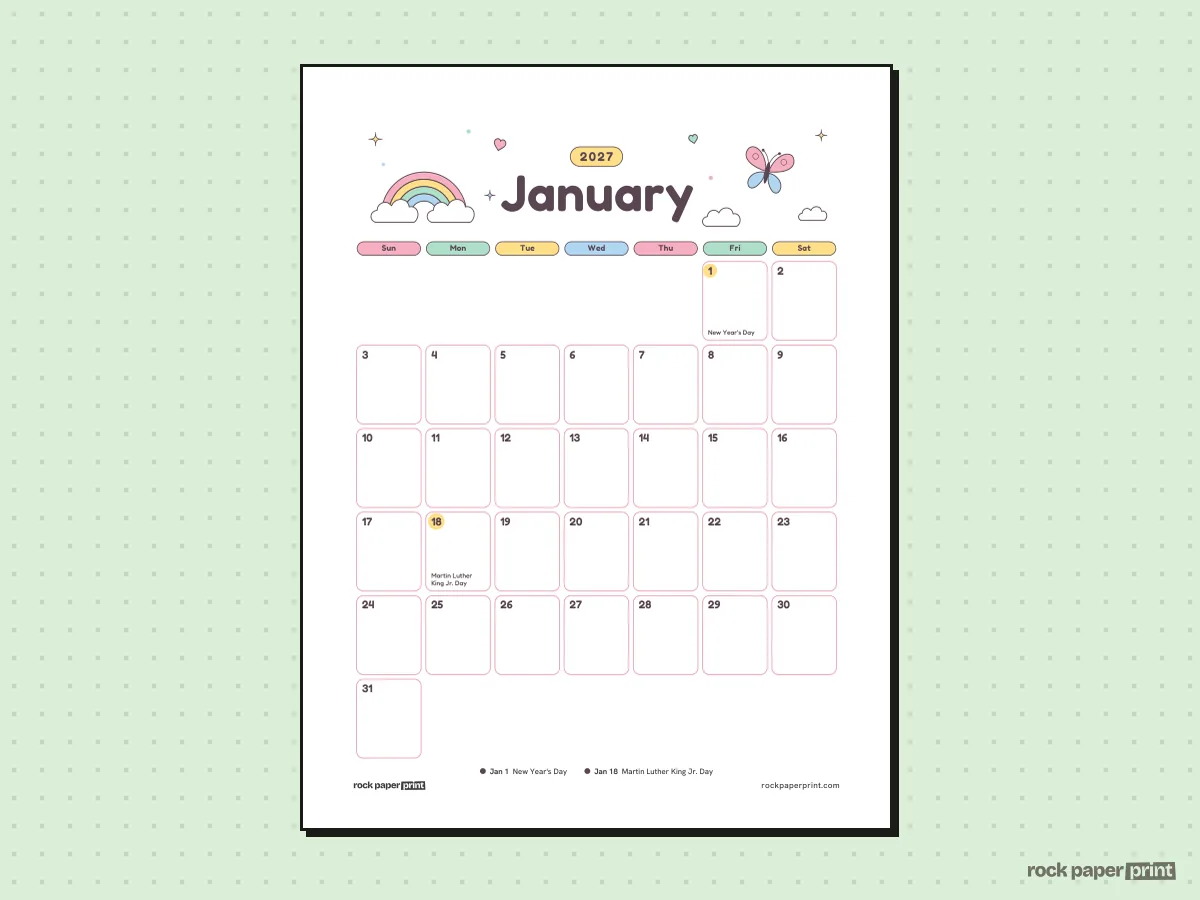 January 2027 Calendar with Holidays, Cute, printable PDF preview