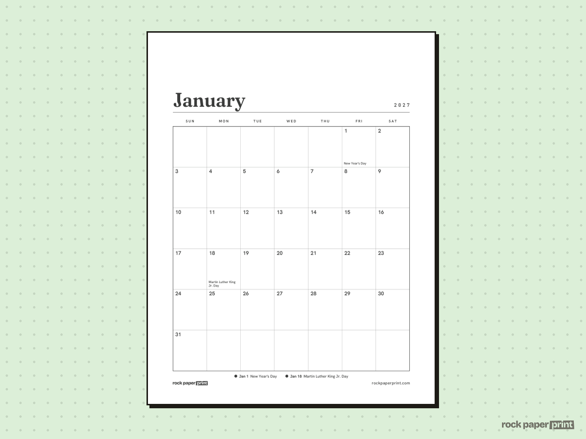 January 2027 Calendar with Holidays, Plain, printable PDF preview