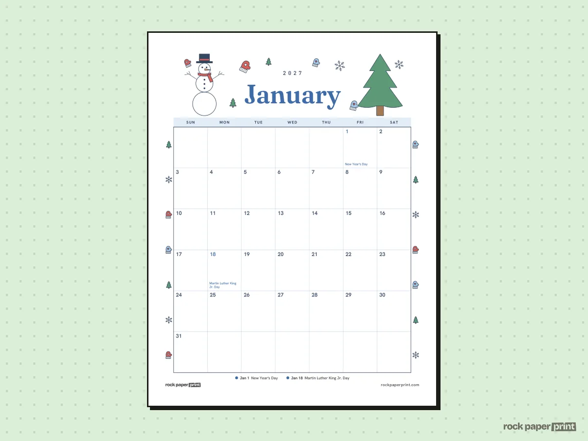 January 2027 Calendar with Holidays, Winter, printable PDF preview