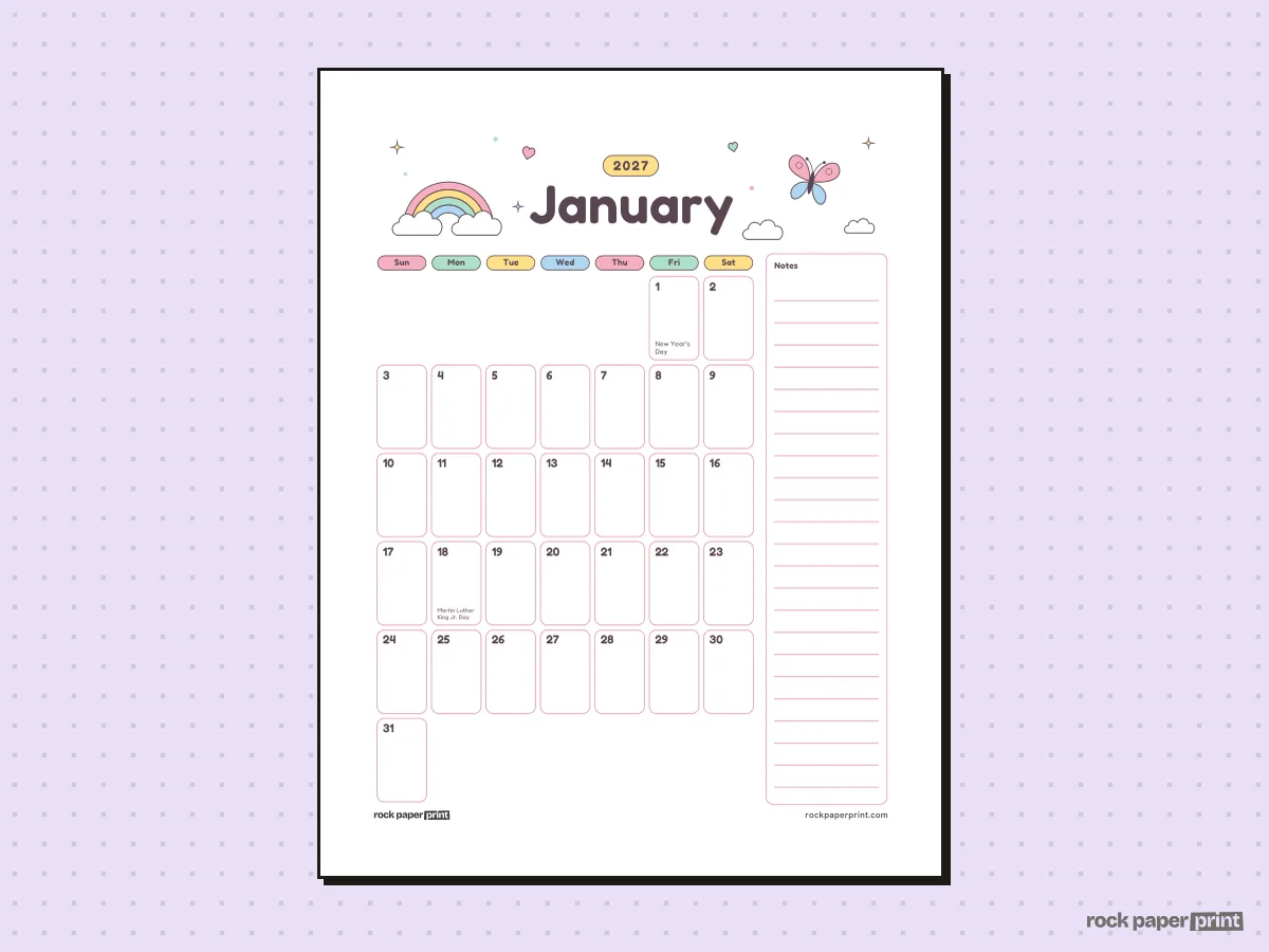 January 2027 Calendar with Notes, Cute, printable PDF preview