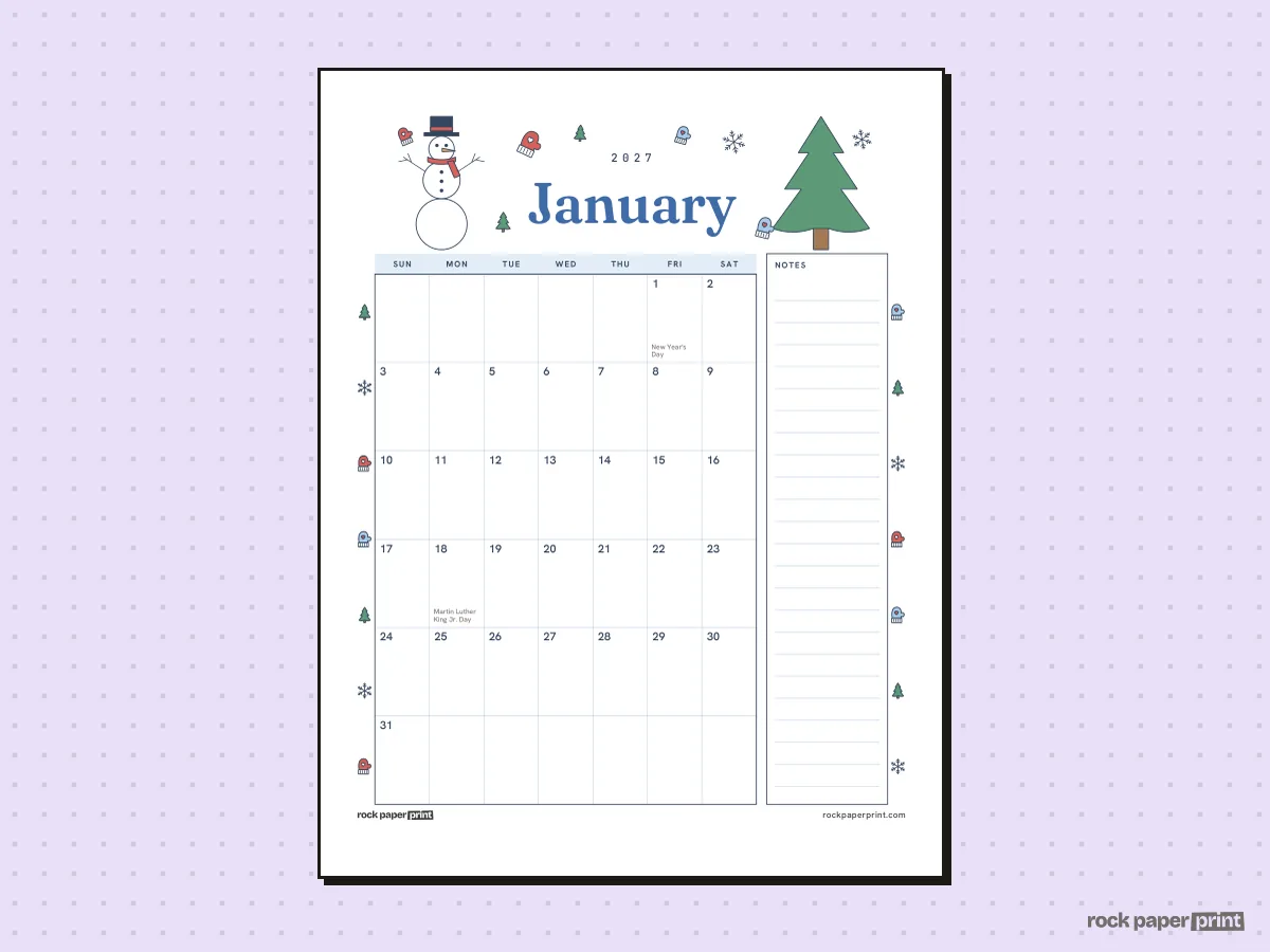January 2027 Calendar with Notes, Winter, printable PDF preview