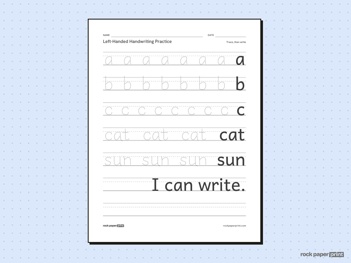 Left-Handed Handwriting Practice Sheets, black lines, printable PDF preview