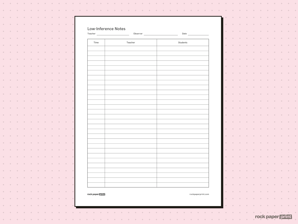 Low-Inference Observation Notes Template, black lines, printable PDF preview