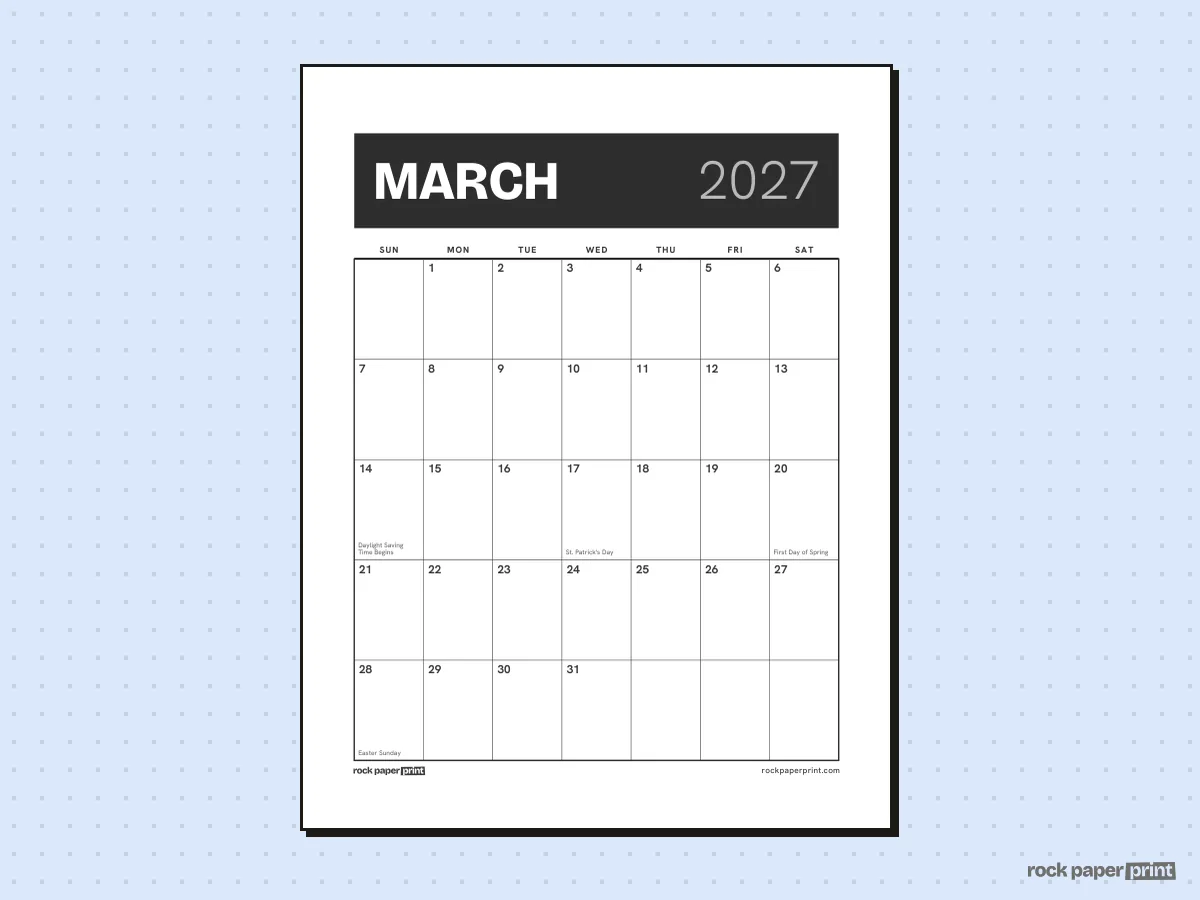 March 2027 Calendar, Bold header, printable PDF preview