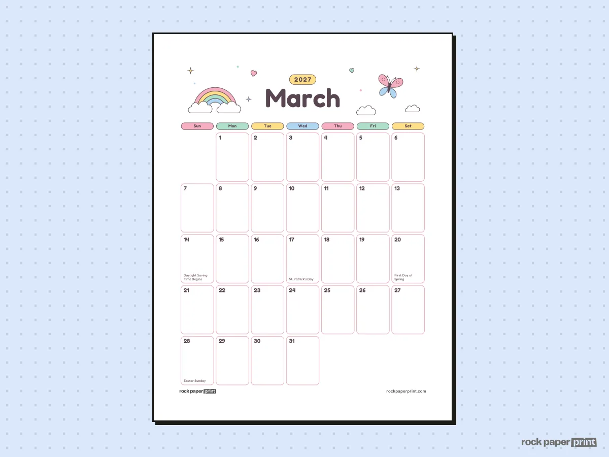 March 2027 Calendar, Cute, printable PDF preview
