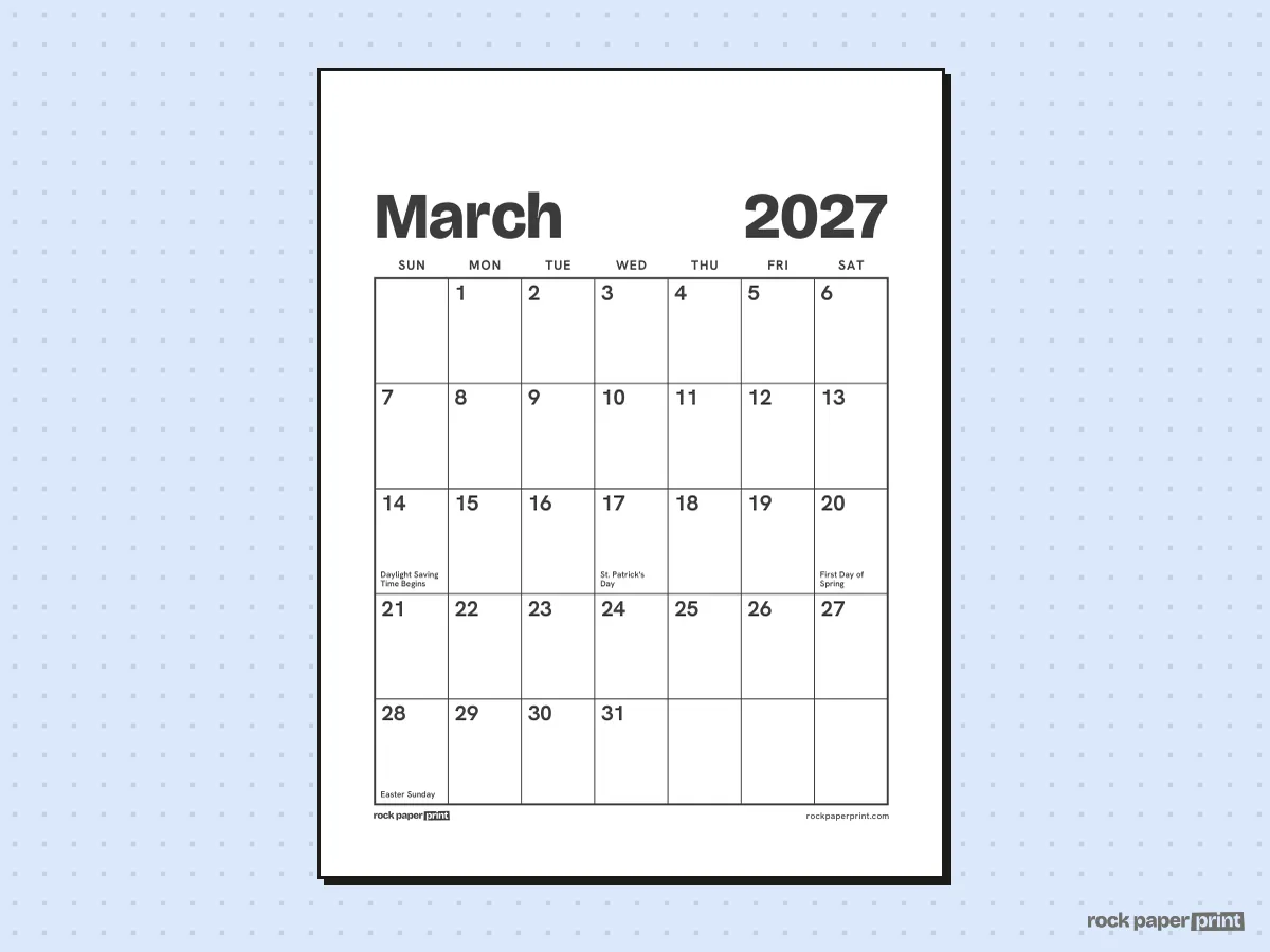 March 2027 Calendar, Large print, printable PDF preview
