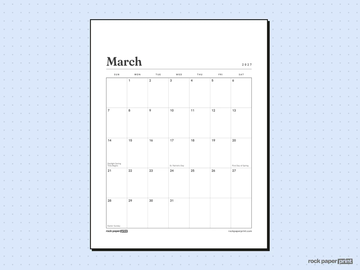 March 2027 Calendar, Plain, printable PDF preview