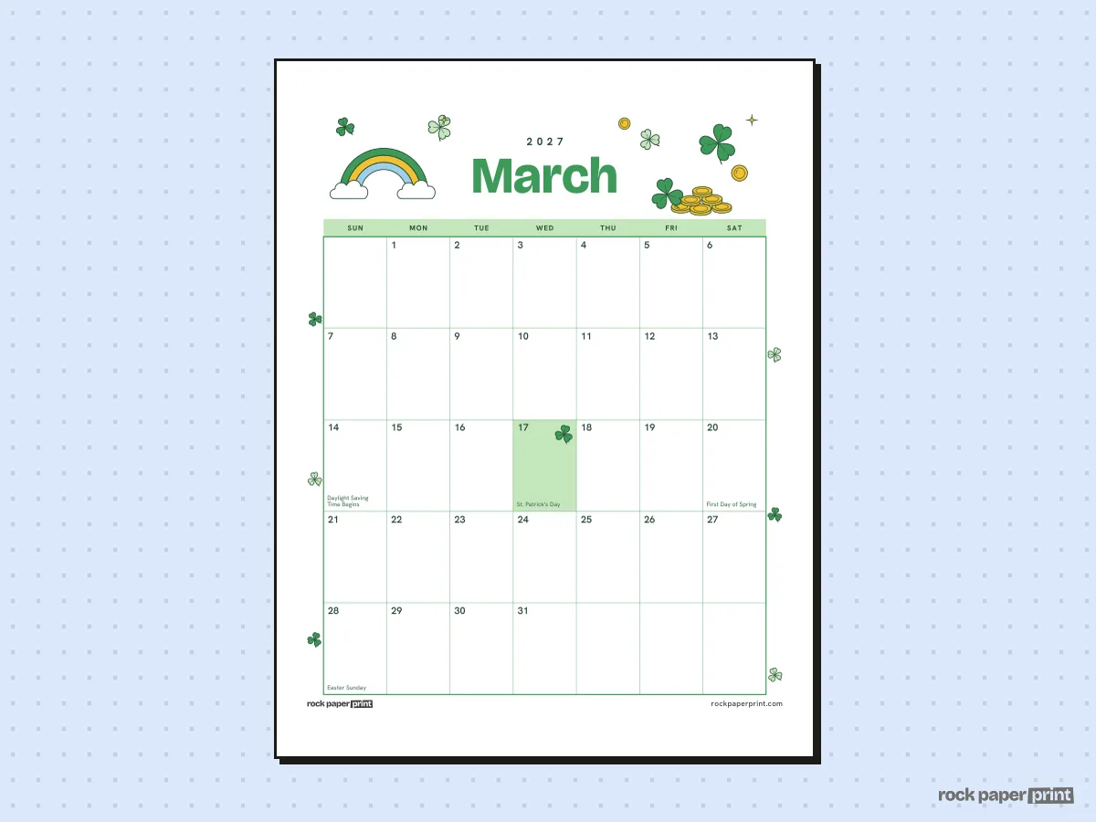 March 2027 Calendar, St. Patrick's Day, printable PDF preview