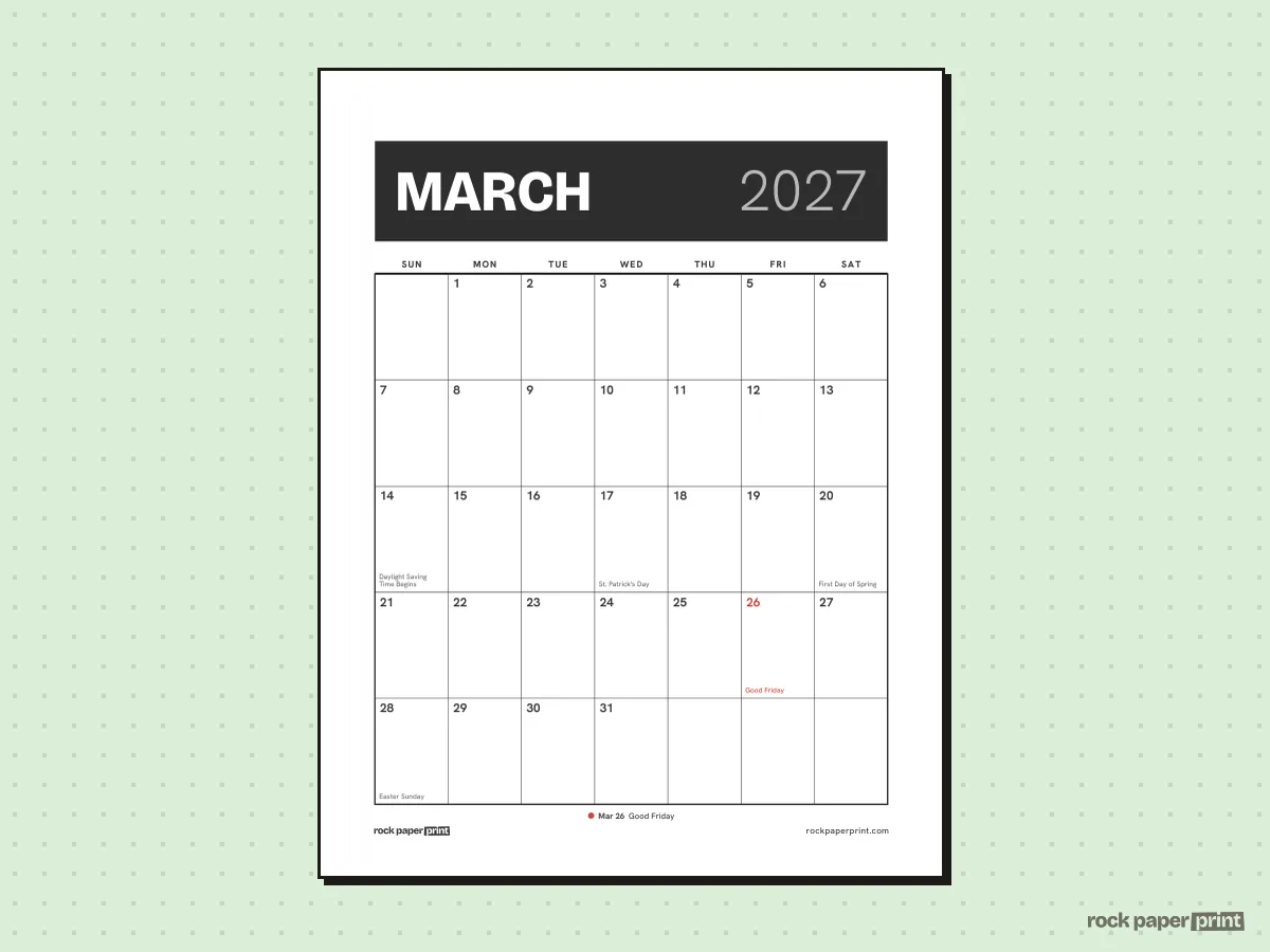 March 2027 Calendar with Canadian Holidays, Bold header, printable PDF preview