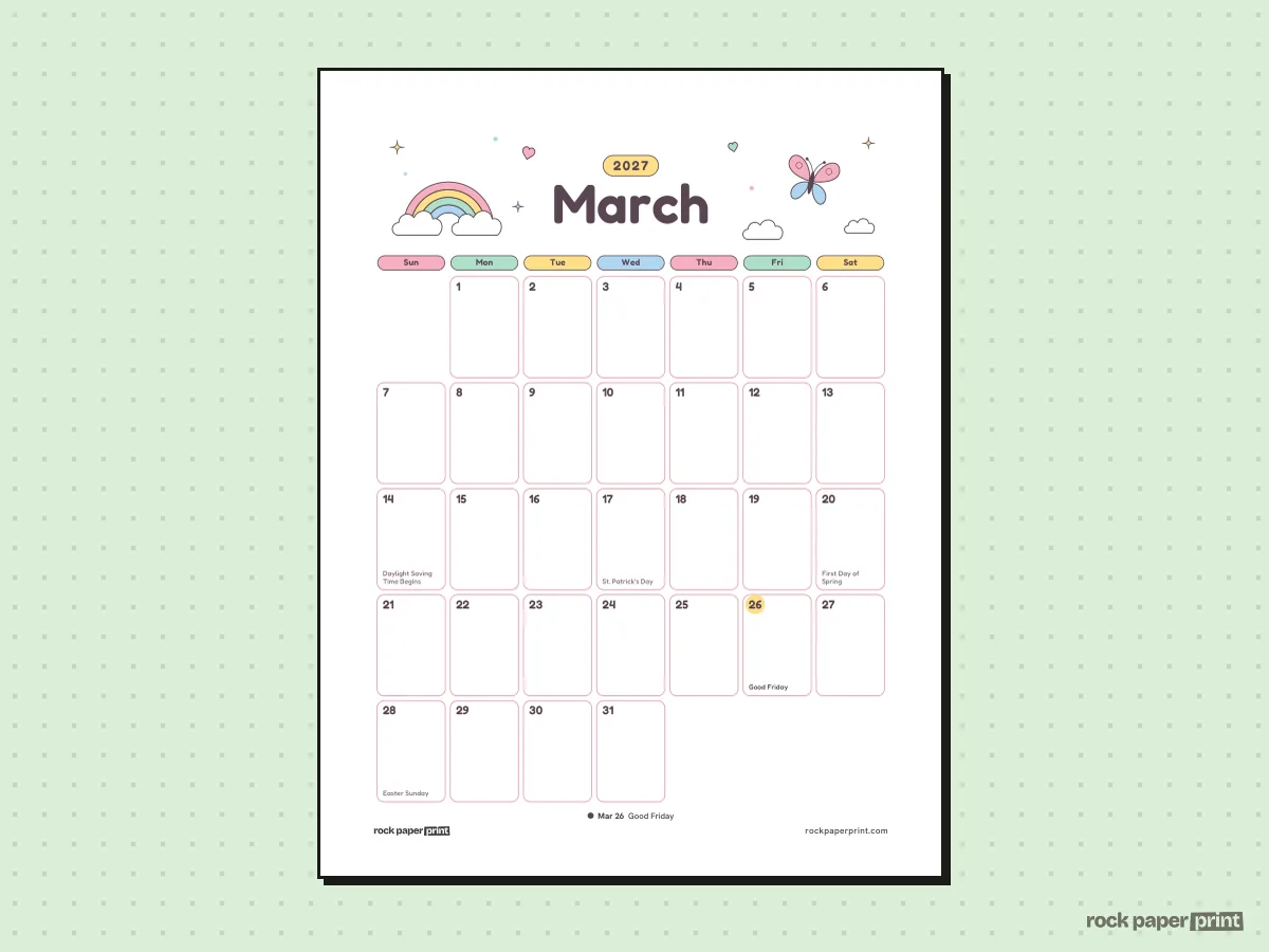 March 2027 Calendar with Canadian Holidays, Cute, printable PDF preview