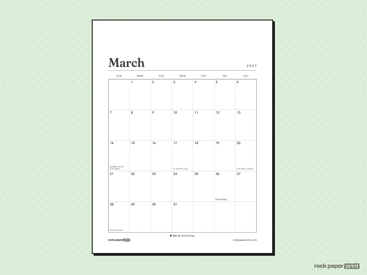 March 2027 Calendar with Canadian Holidays, Plain, printable PDF preview
