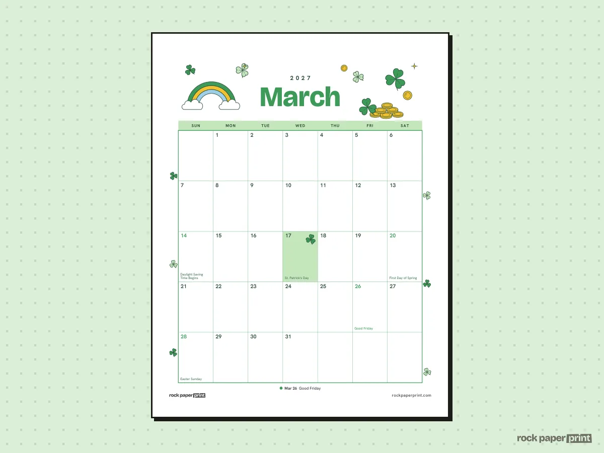 March 2027 Calendar with Canadian Holidays, St. Patrick's Day, printable PDF preview