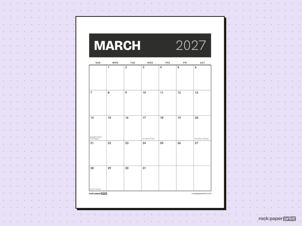 March 2027 Calendar with Holidays, Bold header, printable PDF preview