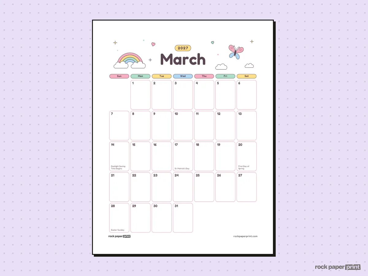 March 2027 Calendar with Holidays, Cute, printable PDF preview