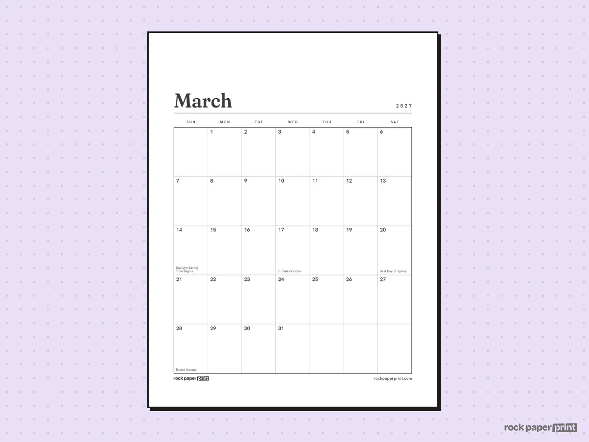 March 2027 Calendar with Holidays, Plain, printable PDF preview
