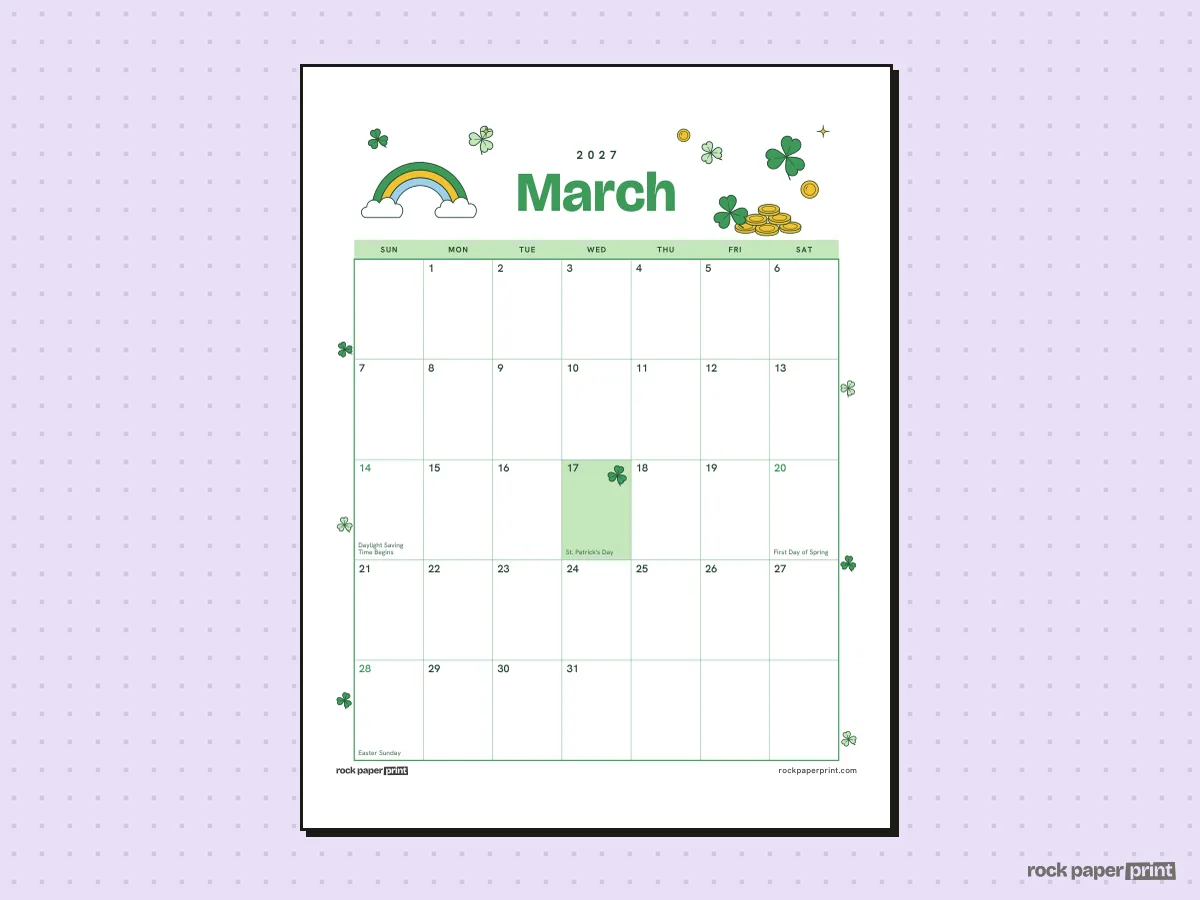 March 2027 Calendar with Holidays, St. Patrick's Day, printable PDF preview