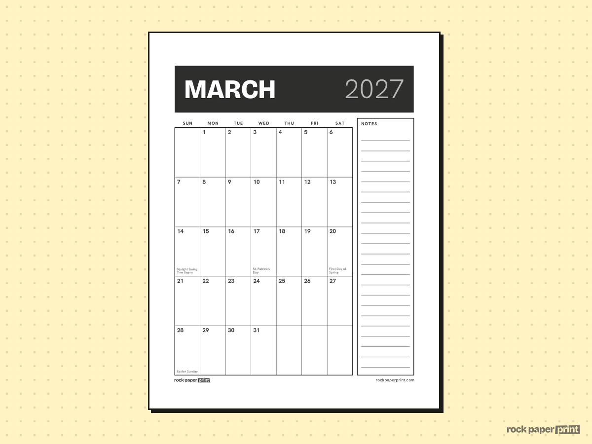 March 2027 Calendar with Notes, Bold header, printable PDF preview