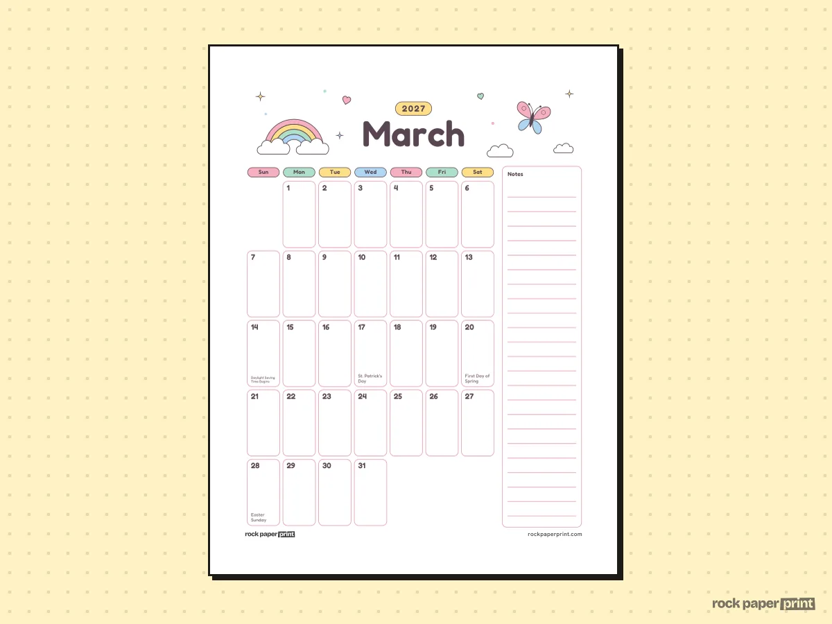 March 2027 Calendar with Notes, Cute, printable PDF preview