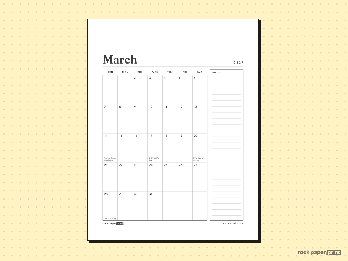March 2027 Calendar with Notes, Plain, printable PDF preview