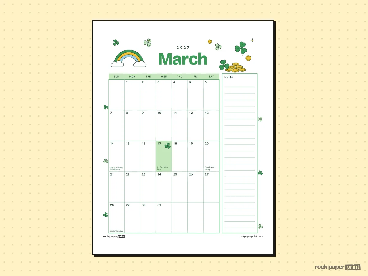 March 2027 Calendar with Notes, St. Patrick's Day, printable PDF preview