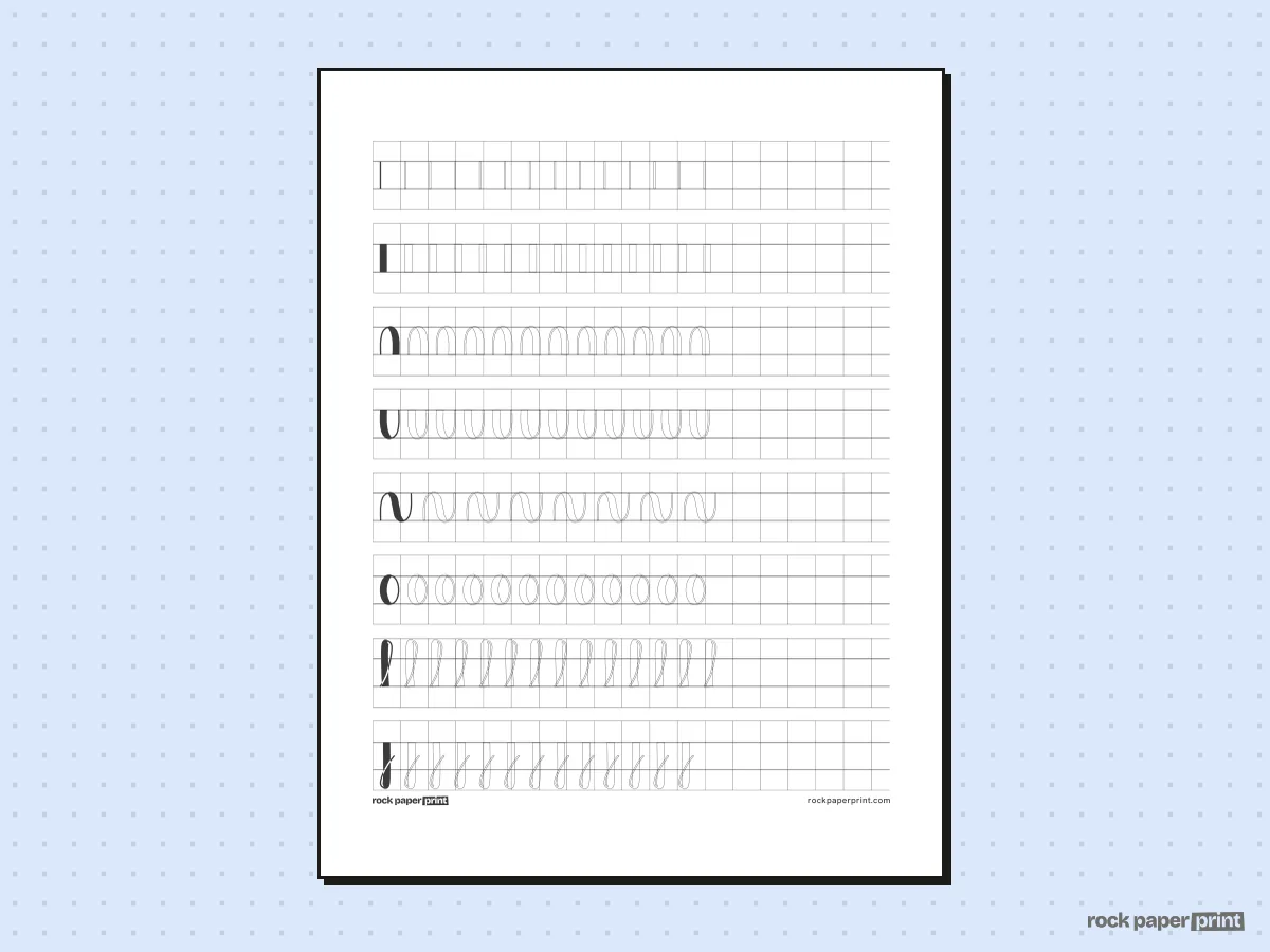 Modern Calligraphy Practice Sheets, black lines, printable PDF preview