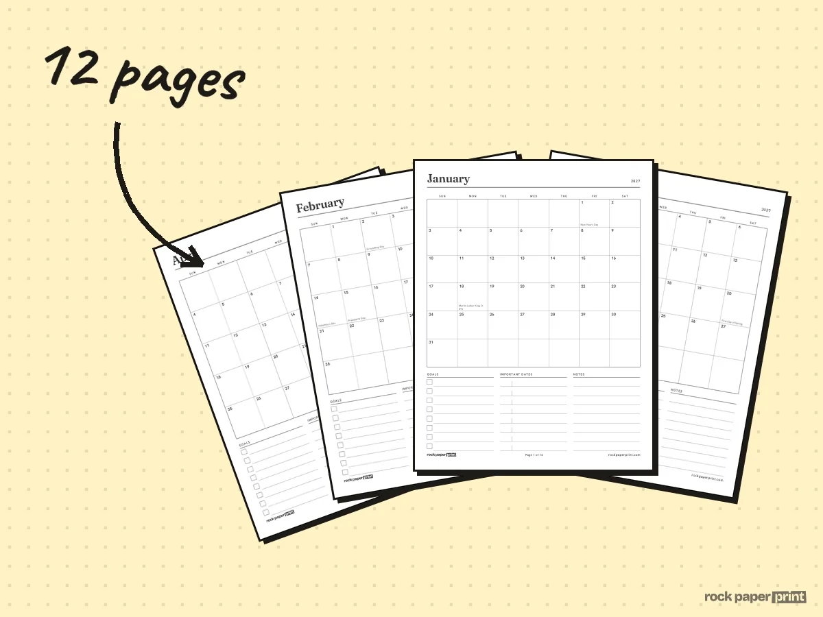 Monthly Planner, 2027 Dated, printable PDF preview