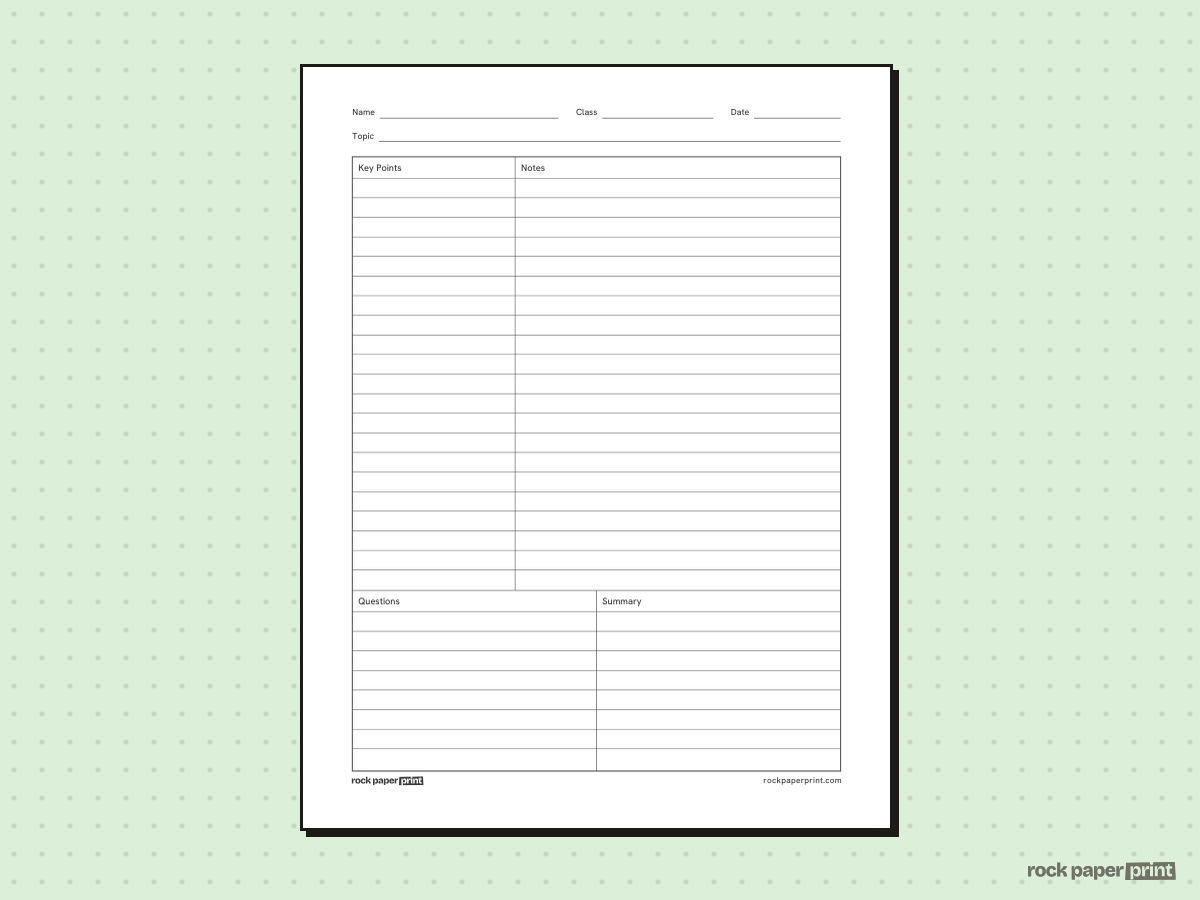 Note Taking Template, black lines, printable PDF preview