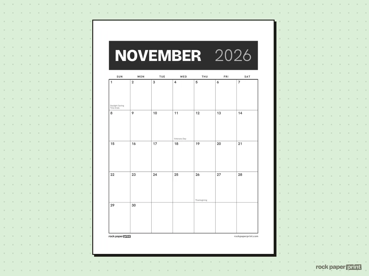 November 2026 Calendar, Bold header, printable PDF preview