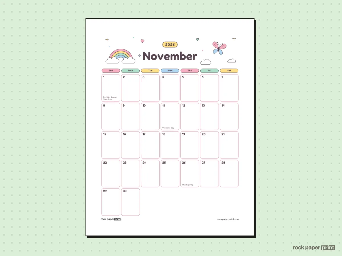 November 2026 Calendar, Cute, printable PDF preview