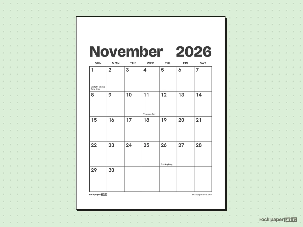 November 2026 Calendar, Large print, printable PDF preview