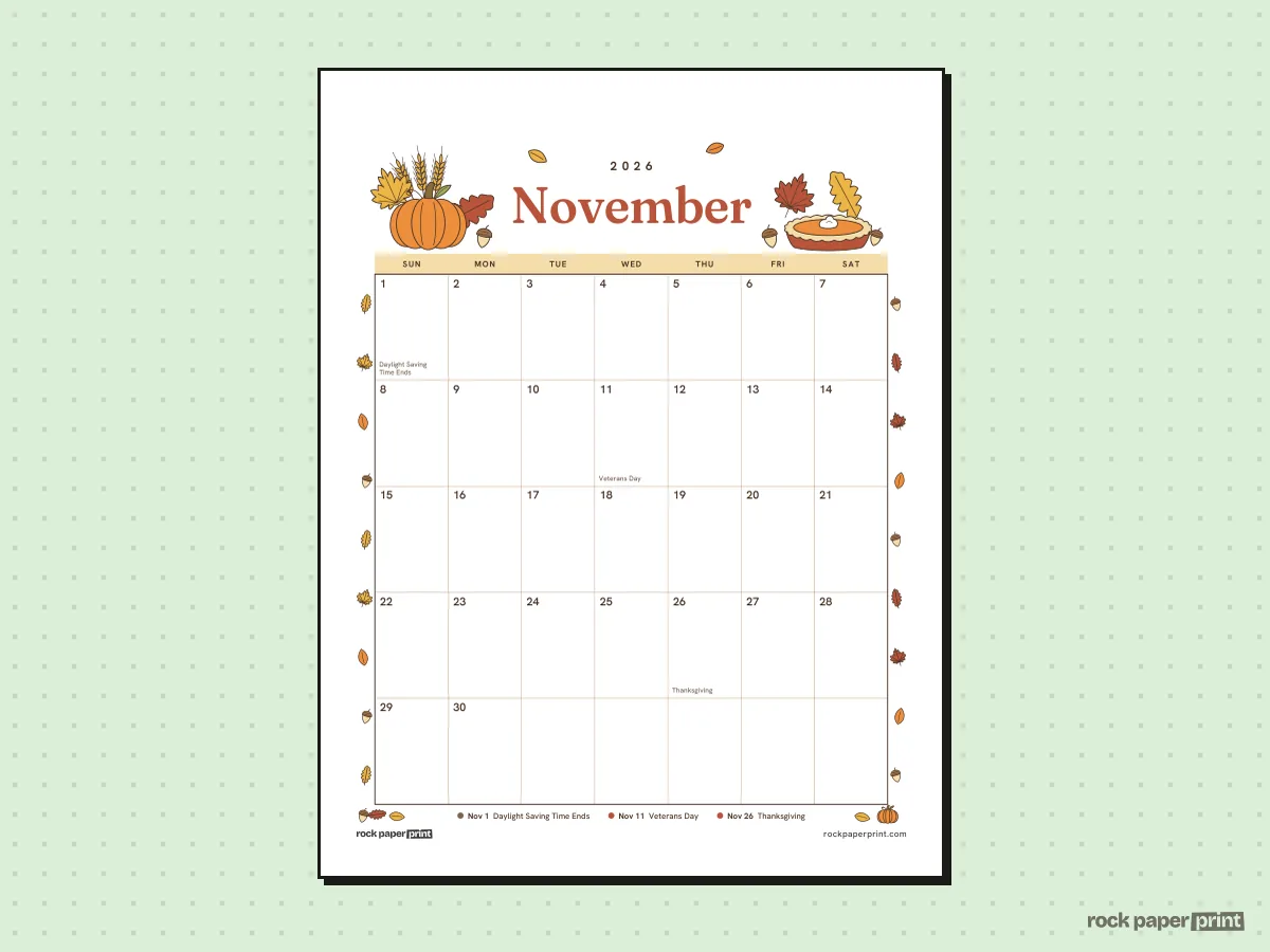 November 2026 Calendar, Thanksgiving, printable PDF preview