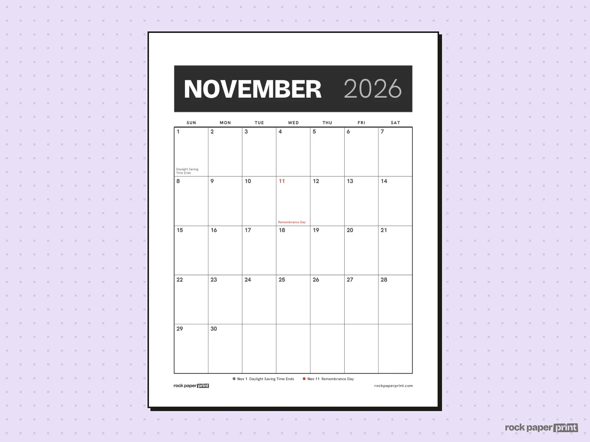 November 2026 Calendar with Canadian Holidays, Bold header, printable PDF preview