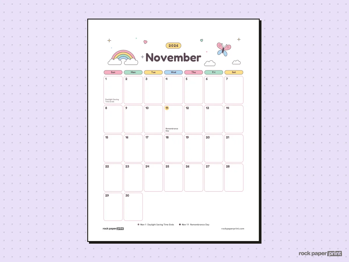 November 2026 Calendar with Canadian Holidays, Cute, printable PDF preview