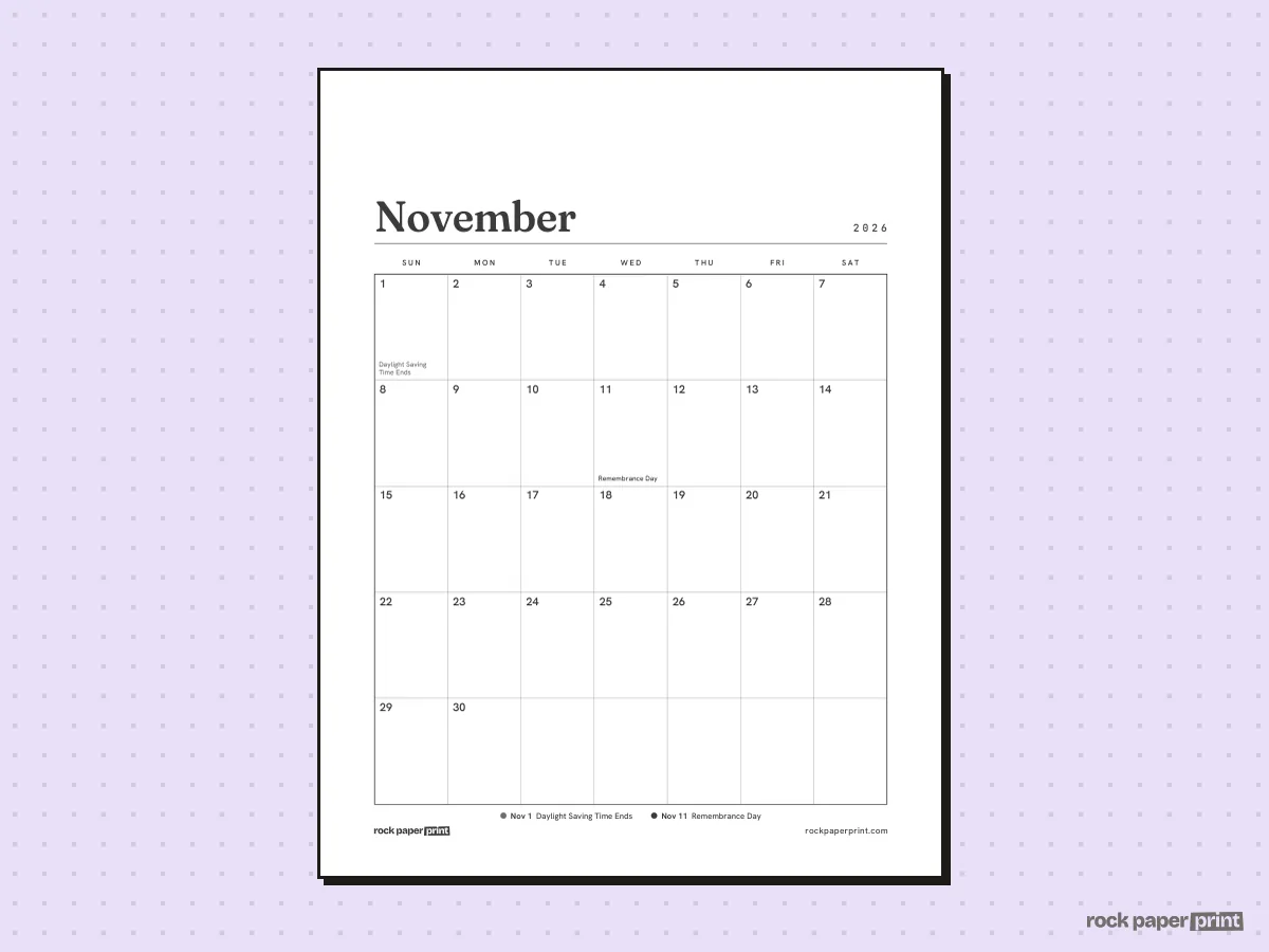 November 2026 Calendar with Canadian Holidays, Plain, printable PDF preview