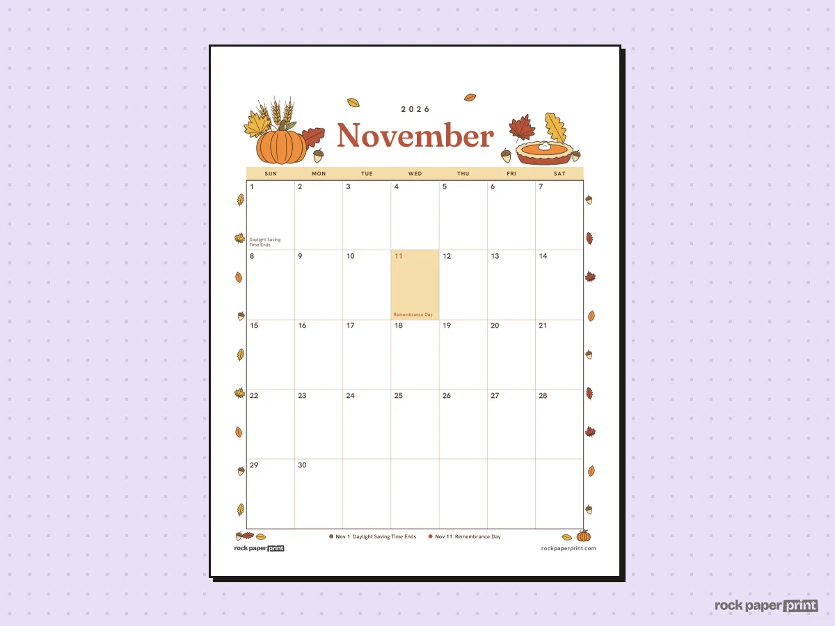 November 2026 Calendar with Canadian Holidays, Thanksgiving, printable PDF preview