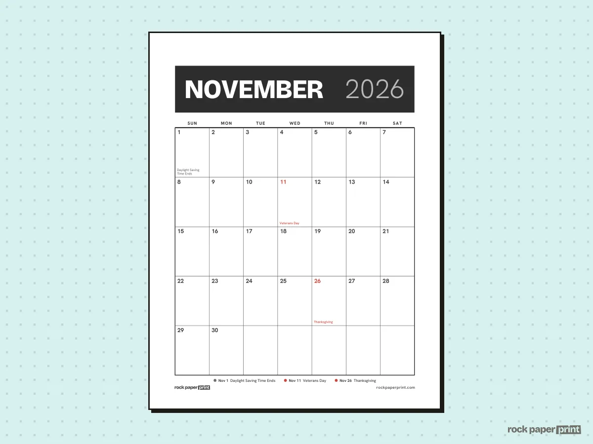 November 2026 Calendar with Holidays, Bold header, printable PDF preview