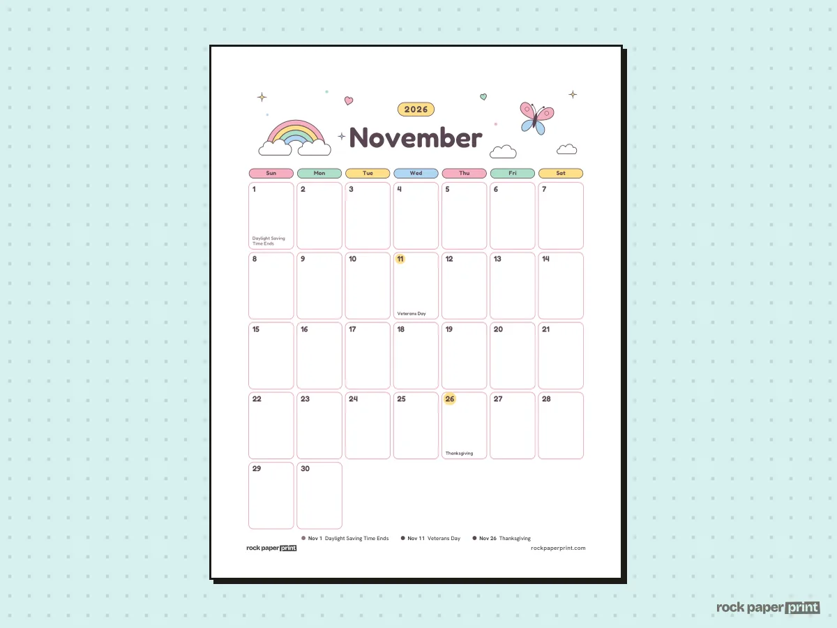 November 2026 Calendar with Holidays, Cute, printable PDF preview