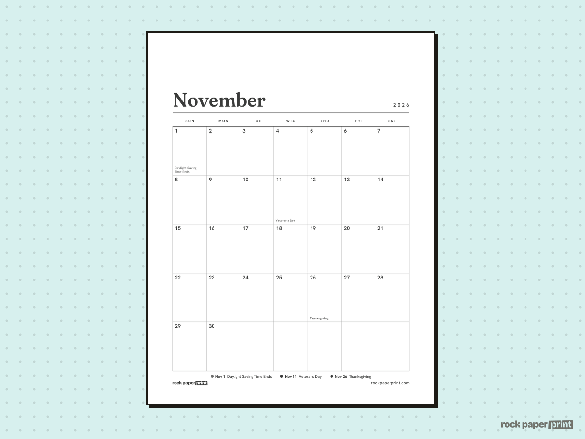 November 2026 Calendar with Holidays, Plain, printable PDF preview